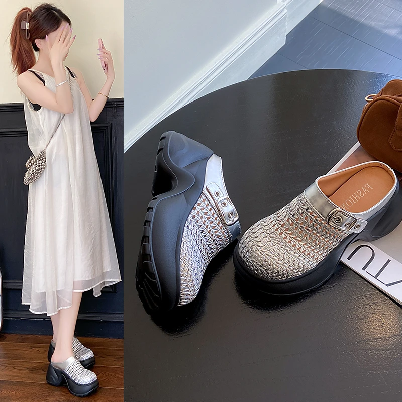 2025夏新款银色编织镂空厚底凉拖鞋时尚高级包头半拖鞋休闲沙滩鞋