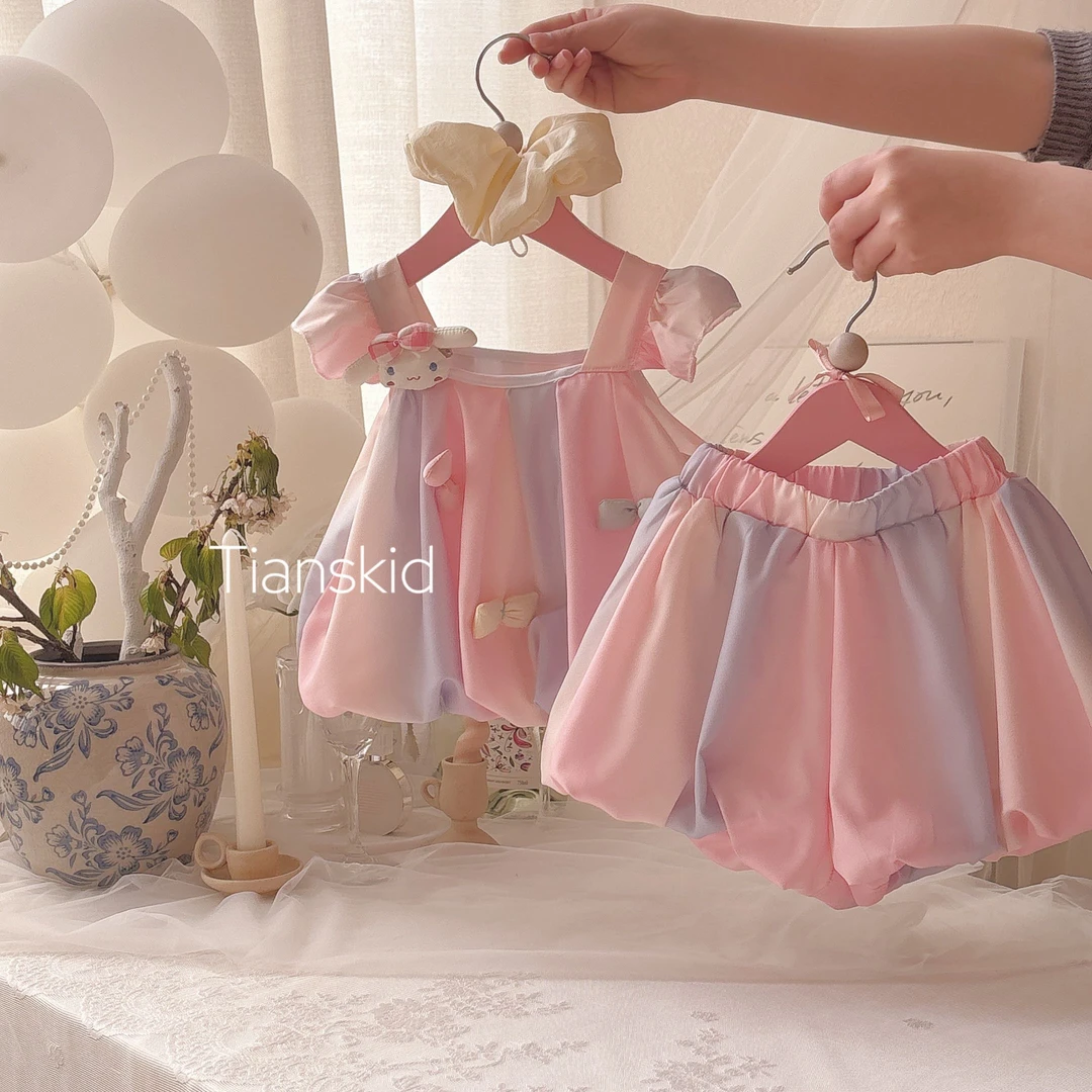 甜美渐变条纹套装女宝宝夏季彩虹套装小飞袖上衣公主花苞裤两件套