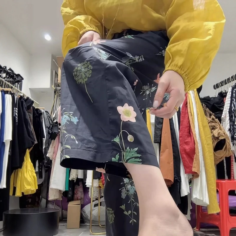 大码印花阔腿休闲裤女2025夏季薄款大码宽松显瘦松紧腰直筒小花裤