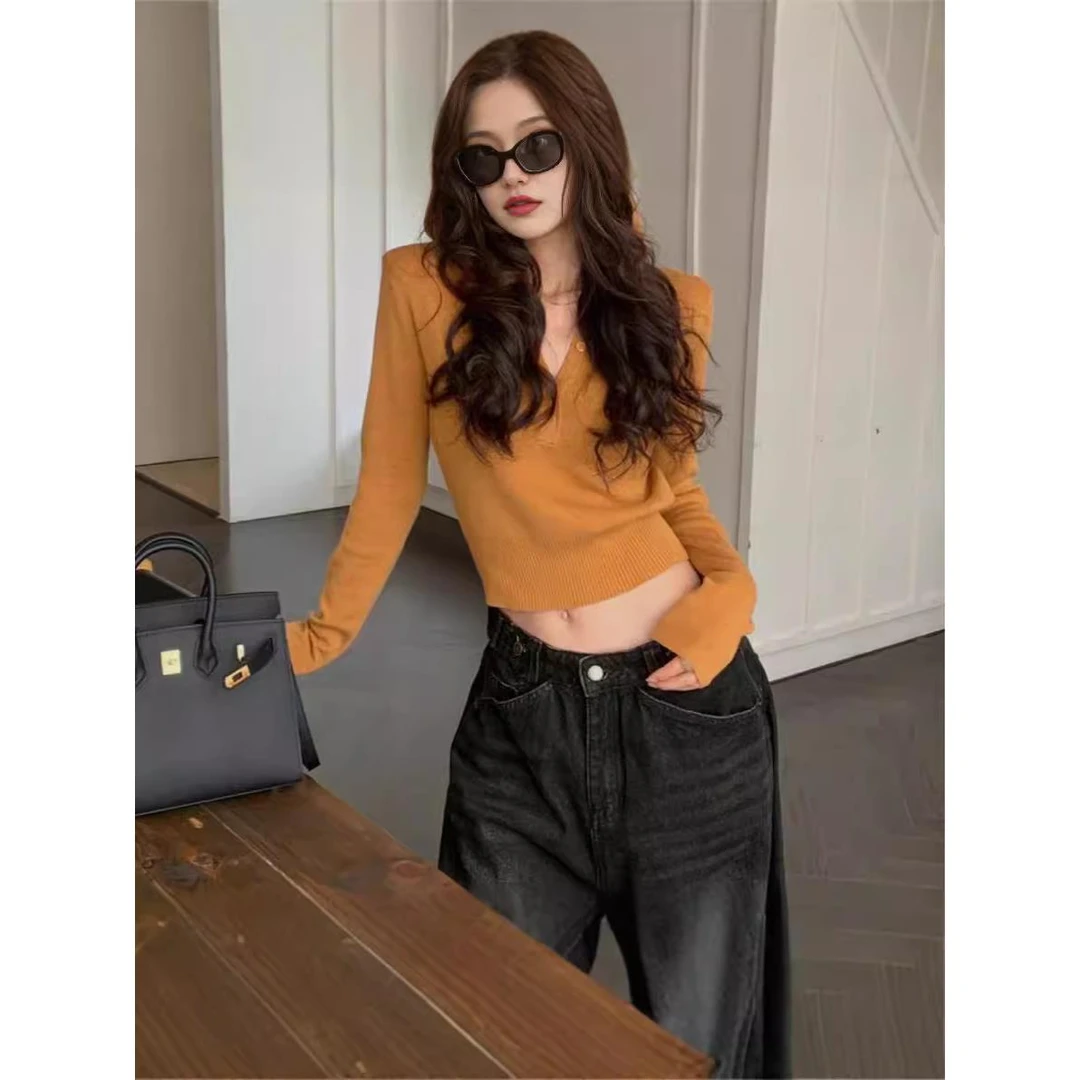 美式辣妹橘色连帽针织衫女秋季设计感修身收腰长袖毛衣内搭短上衣