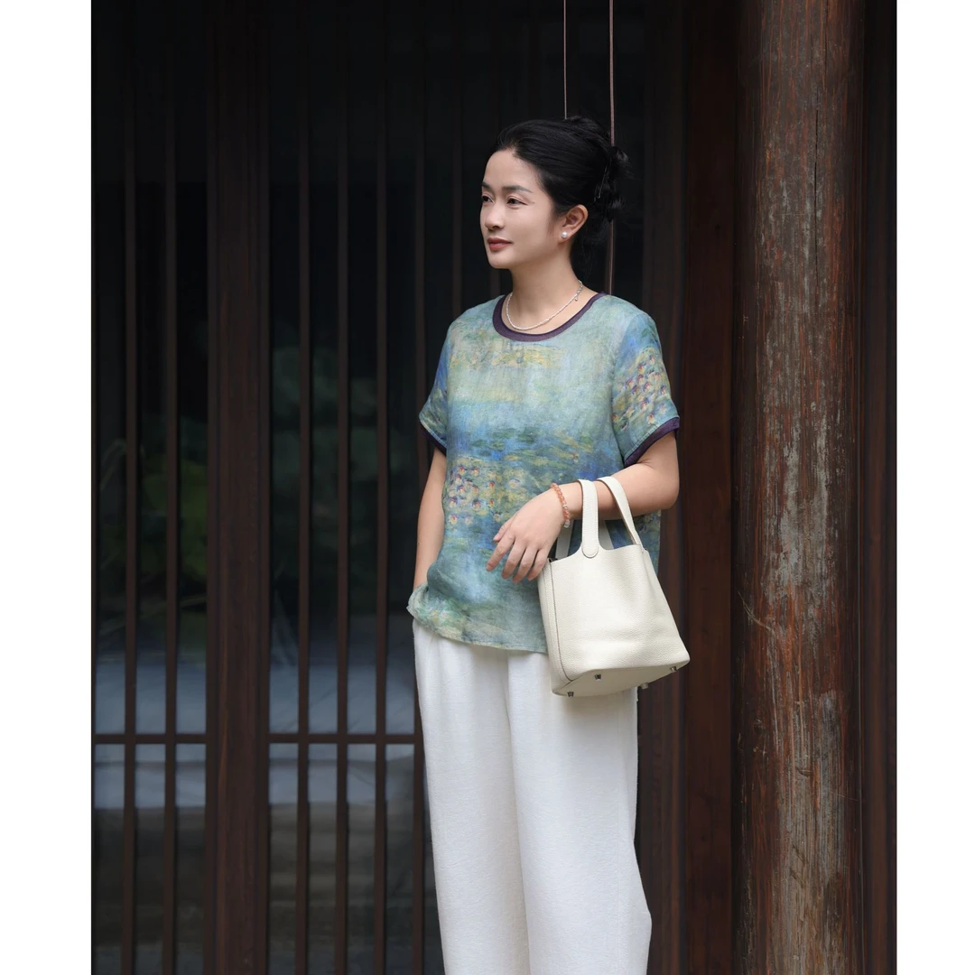 麻享【听荷·小衫】60支纯汉麻撞色包袖可露丽宽松上衣T恤FSY50692