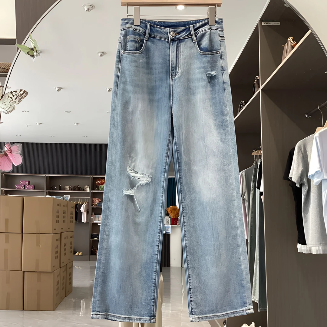 B3-4 【26077】高腰宽松显瘦破洞欧版浅蓝色阔腿裤