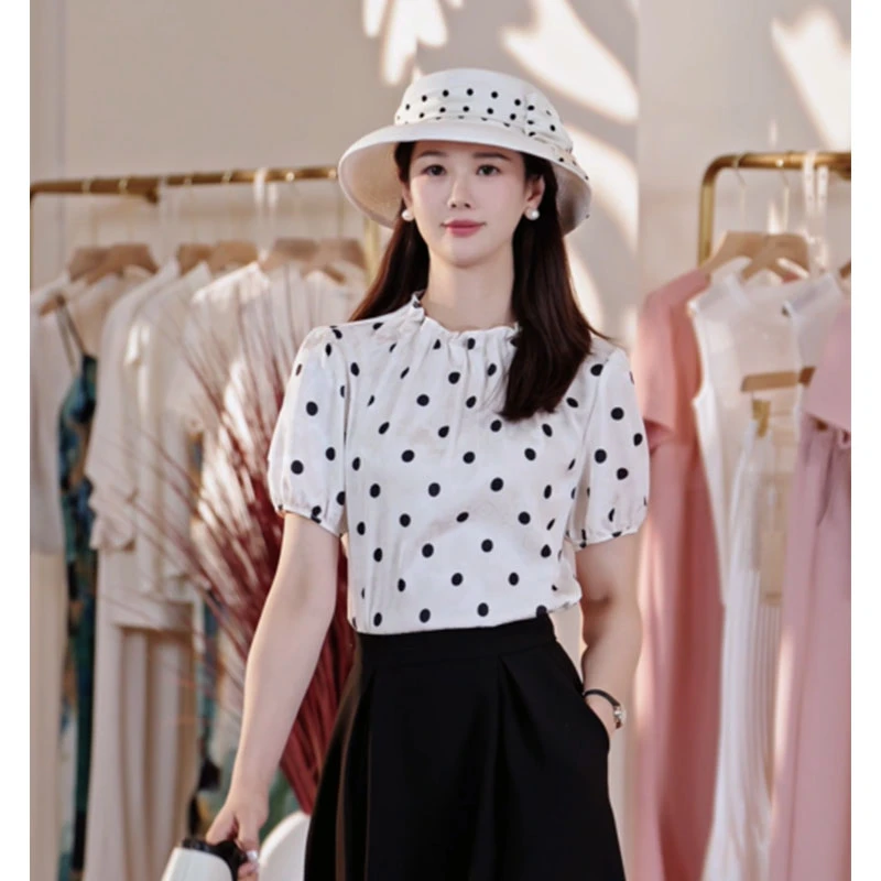 米思阳夏季新款法式波点衬衫气质设计感短袖上衣女5Y25BXS2090