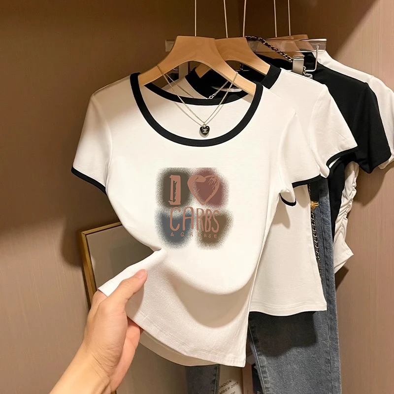 正肩短袖撞色t恤女薄款夏季韩版潮宽松圆领半袖拼接插色体恤上衣