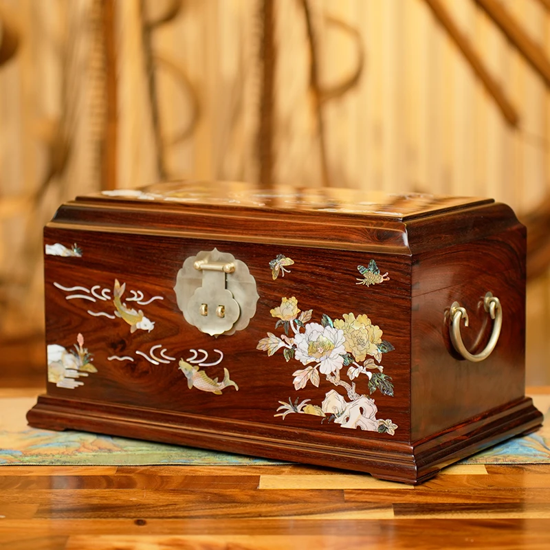 大红酸枝交趾黄檀非遗嵌螺钿陪嫁珠宝箱百年好合45.5*27*23.5