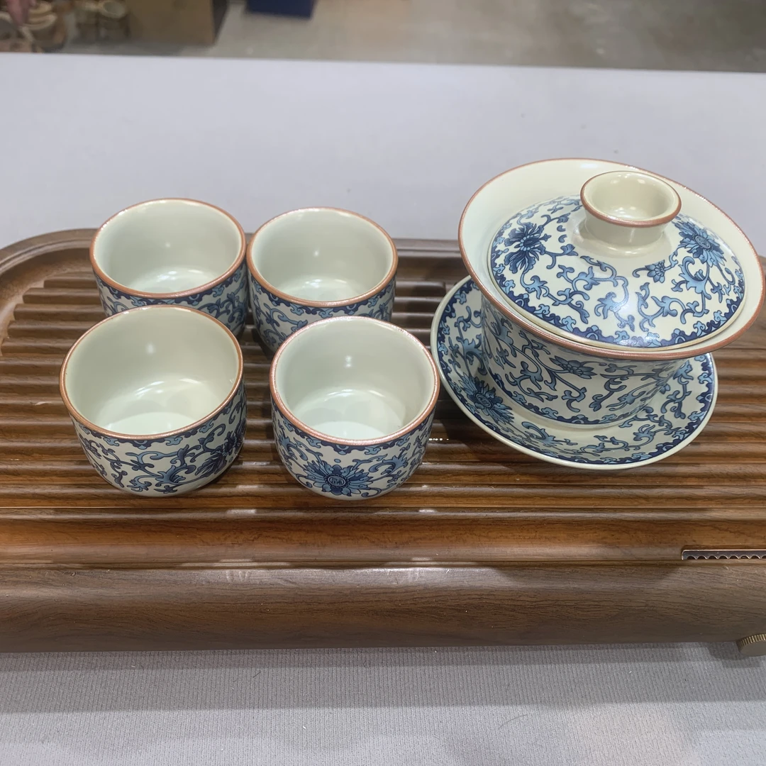 中式汝窑满绘缠枝莲盖碗四杯可养开片悬停不烫手泡茶家用功夫盖碗