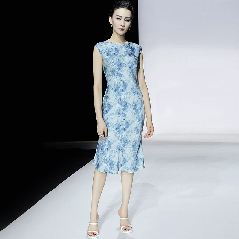 2025夏季新款法式印花醋酸缎一字领无袖收腰显瘦包臀鱼尾连衣裙女