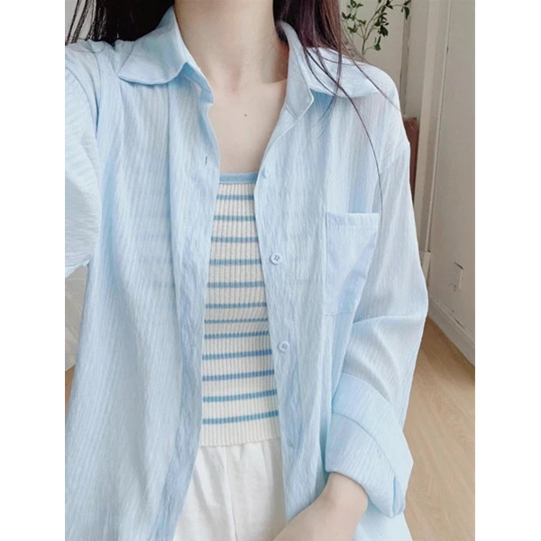 轻薄款透气防晒长袖衬衫女春夏宽松慵懒空调衫衬衣休闲外搭上衣潮