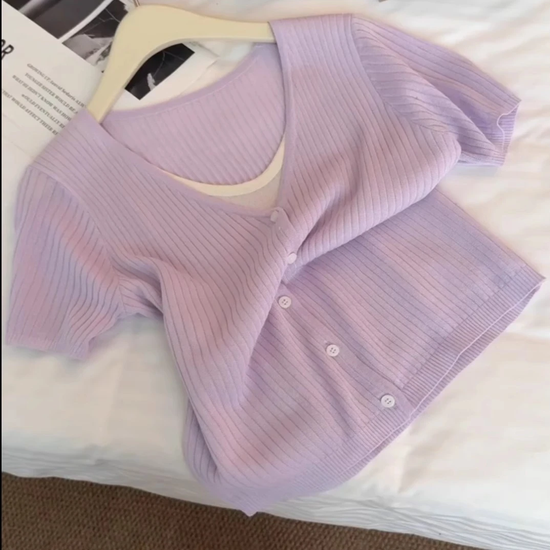 韩系紫色冰丝针织短袖t恤女夏季小个子别致短款假两件设计感上衣