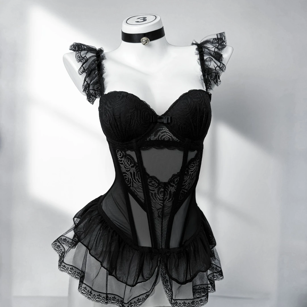 刘掰掰【黑天使】90-210斤  时尚蕾丝镂空性感吊带新款女士睡裙套装