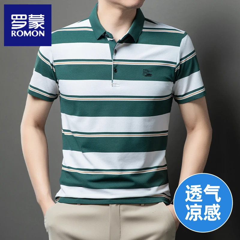 罗蒙新款2025时尚色织条男士POLO衫爸爸装商务高品质夏季短袖T恤