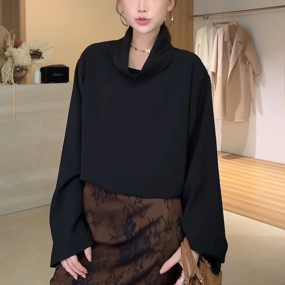 秋季新款女荡领套头衬衫轻奢高级感宽松显瘦减龄内搭打底衫上衣