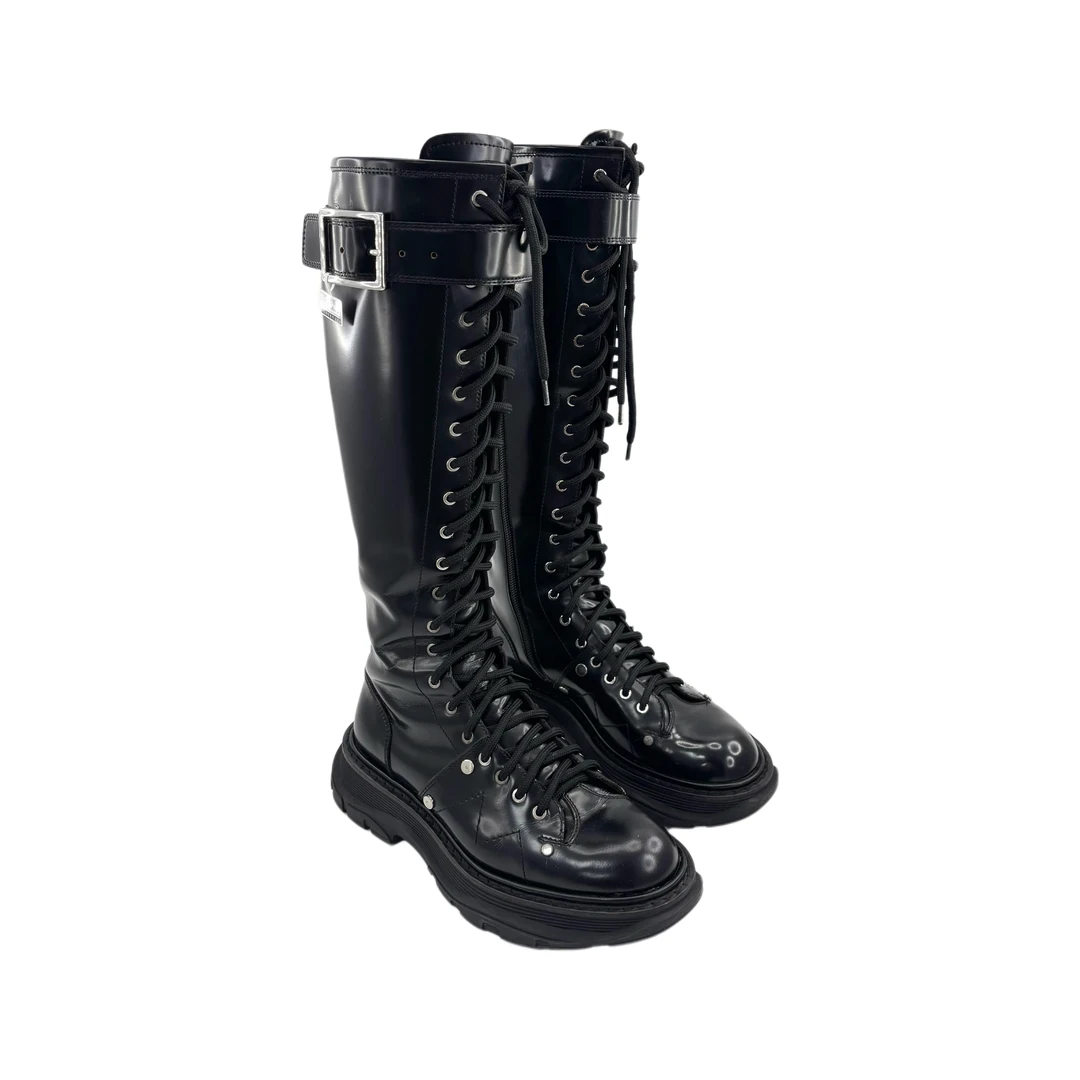 95新 Alexander McQueen/亚历山大·麦昆 36码黑色高筒靴TT250670
