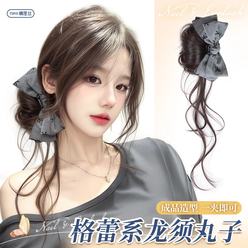 丸子头假发女自然仿真抓夹蝴蝶结龙须丸子头增发量蓬松盘发神器