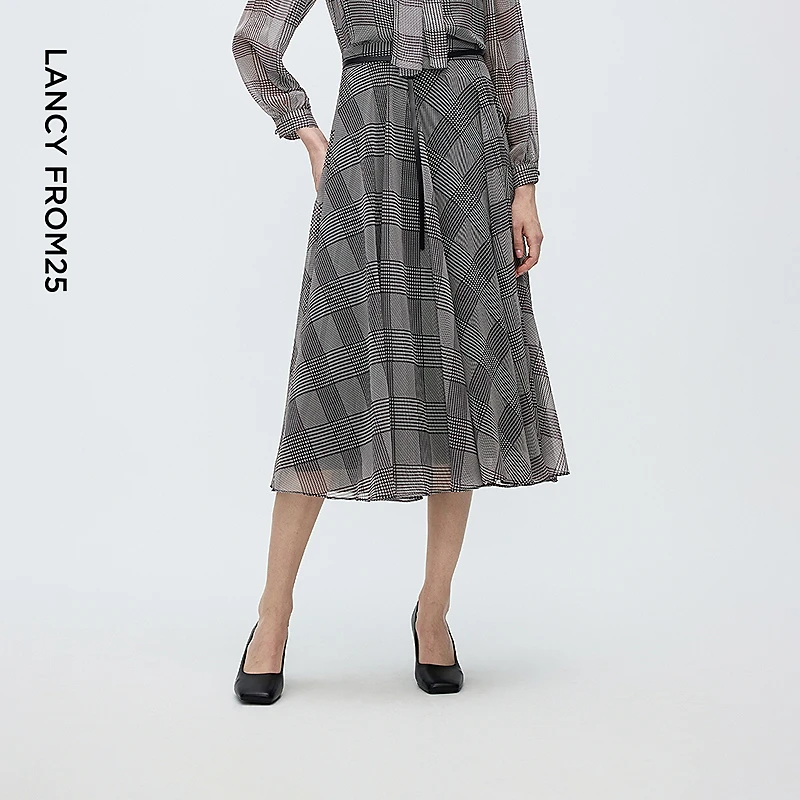 【达人】朗姿格纹复古风半裙a字伞裙感通勤半身裙秋季8WSK029