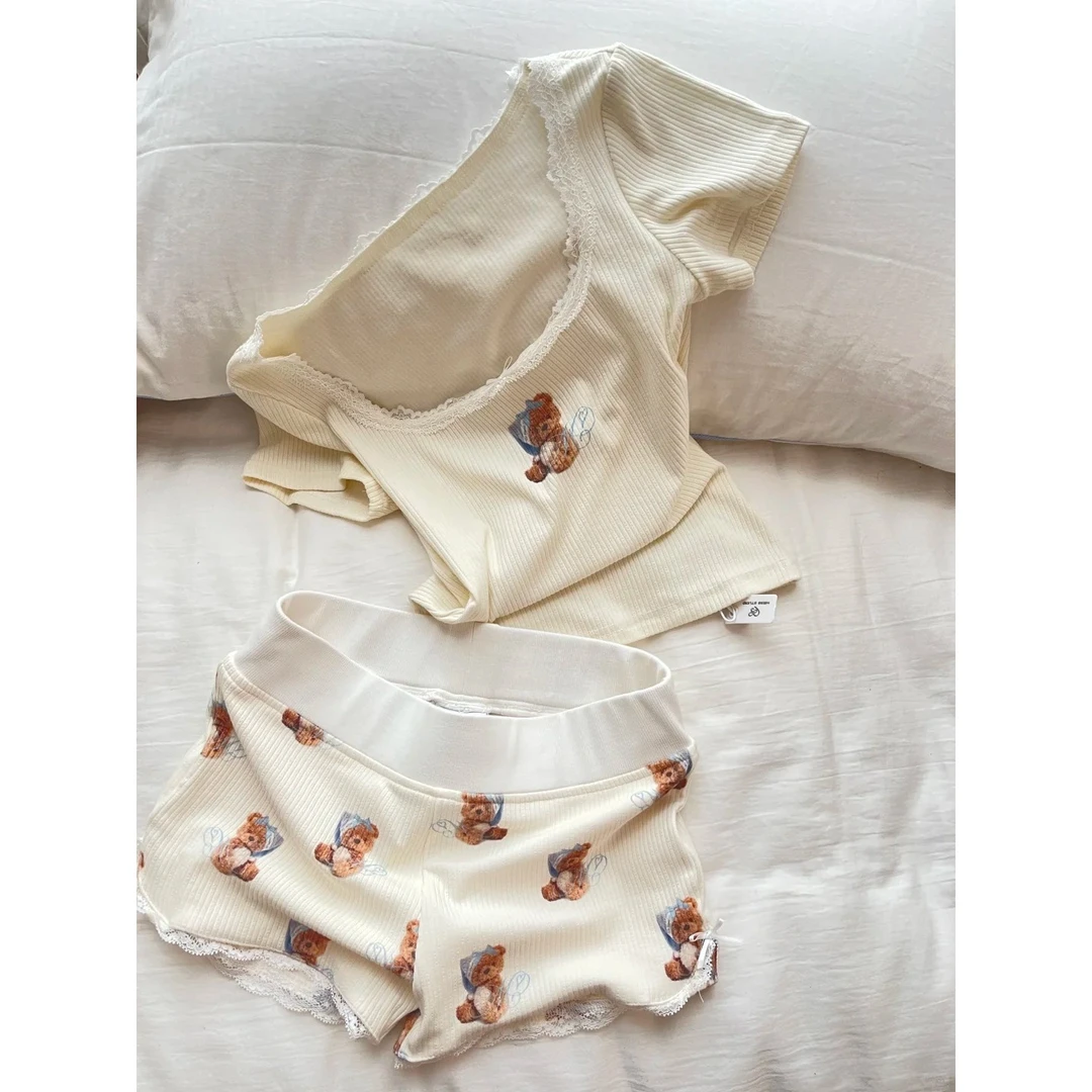 【纯欲小熊】辣妹少女短袖睡衣女夏季2025新款修身短裤套装家居服