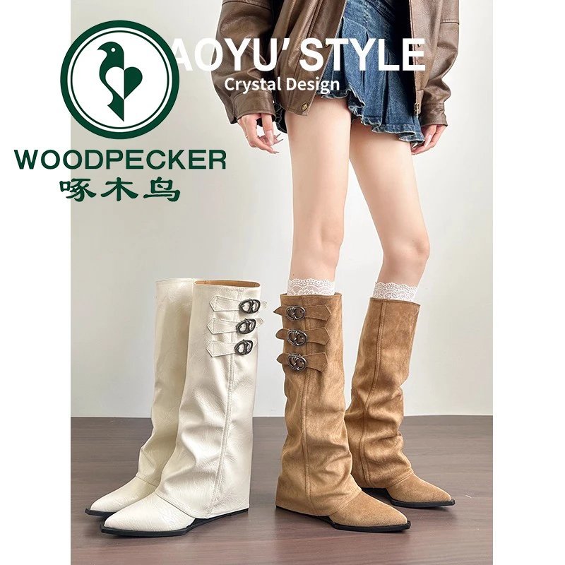 啄木鸟内增高裤管靴2025年秋冬新款皮带扣不过膝长筒靴坡跟骑士靴