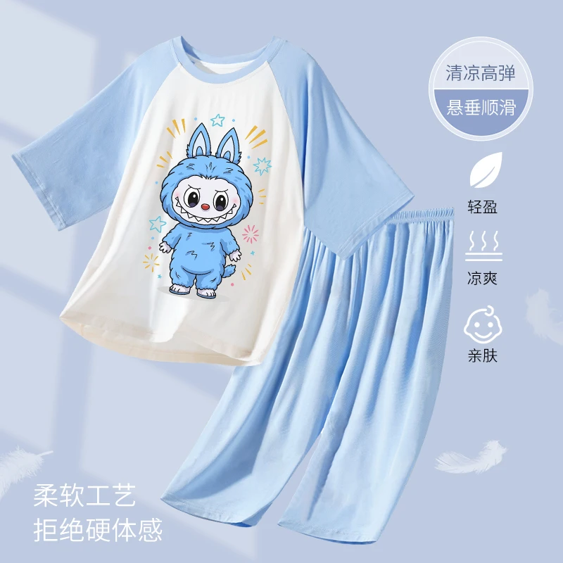 男童拉布布睡衣冰丝莫代尔夏季儿童短袖家居服大童男孩夏装空调服