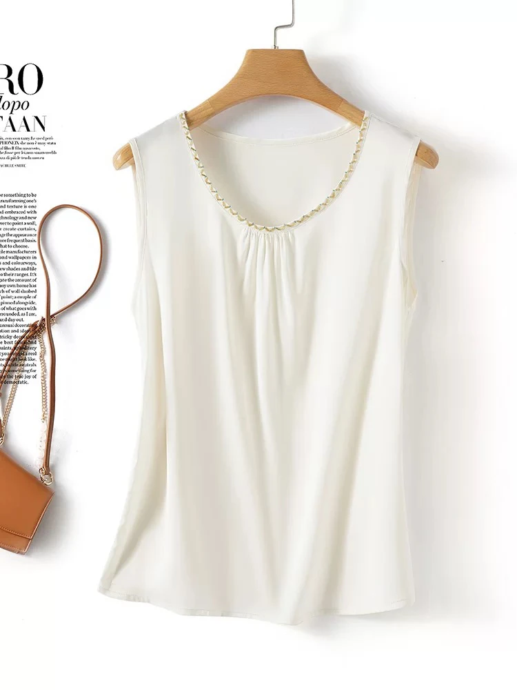 高贵优雅真丝背心吊带吊带打底衫女装夏季缎面桑蚕丝纯色圆领上衣