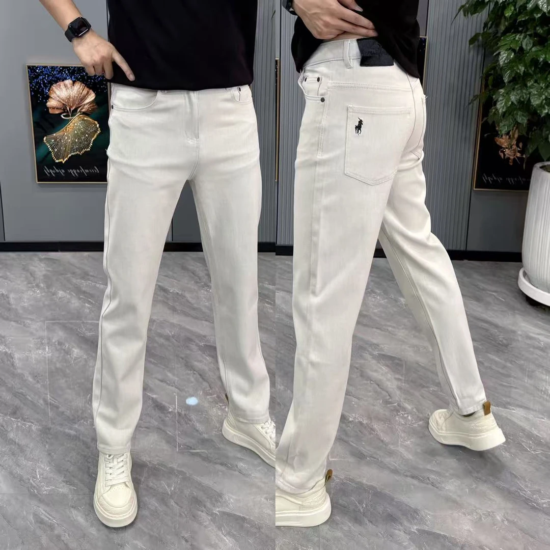 男士牛仔裤白色净版男裤时尚百搭直筒裤潮流刺绣长裤秋季新款裤子