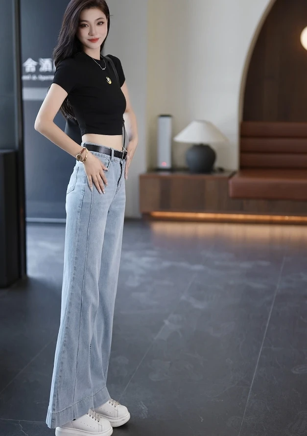 微喇牛仔裤春夏新款百搭弹力欧若风垂感小个子高腰阔腿裤x12