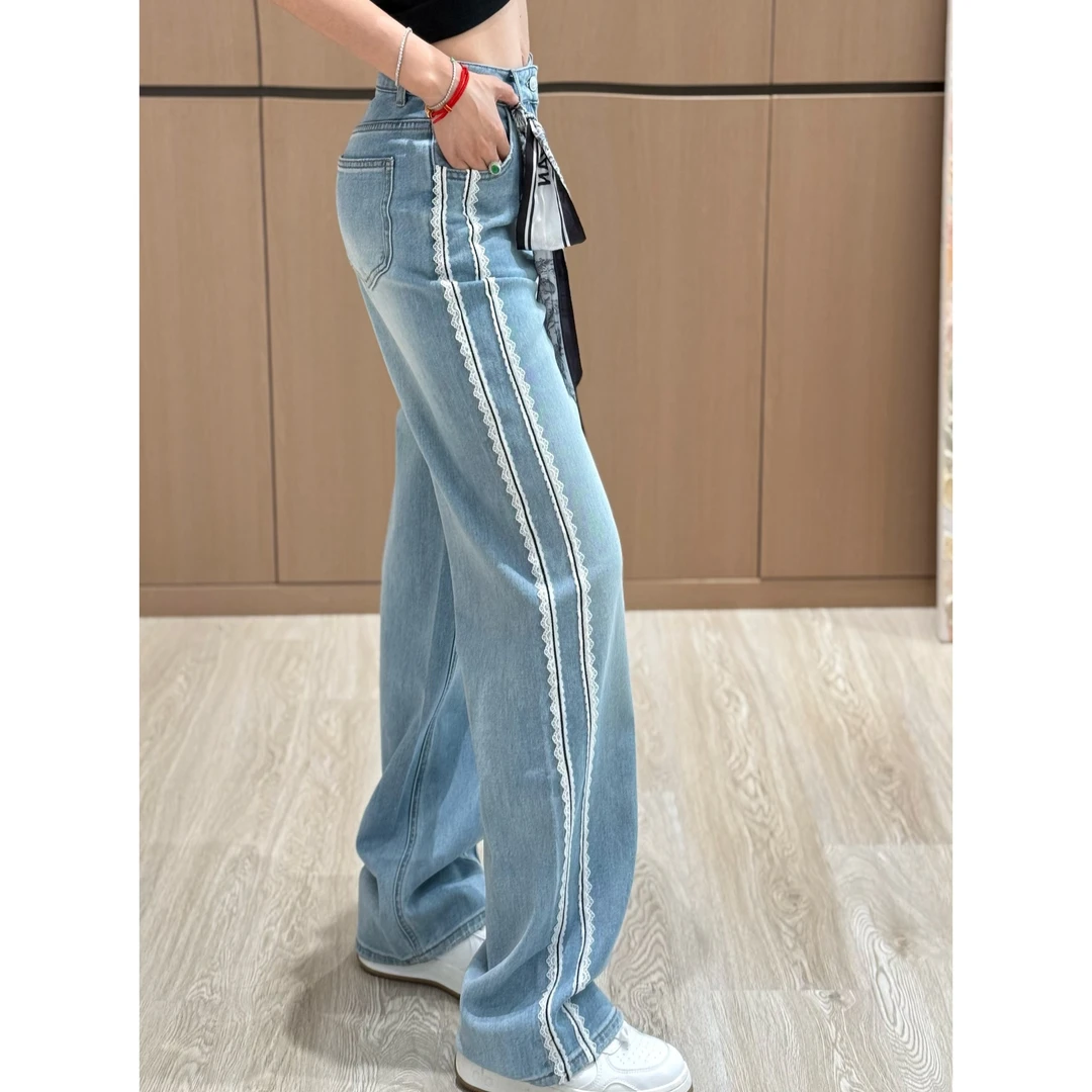 春夏百搭时尚设计感显瘦气质飘带蕾丝花边直筒牛仔裤长裤W6809