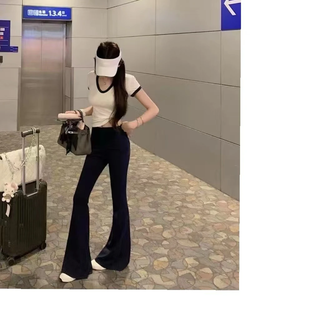 【88379】裤子上衣套装翻边立体剪裁微喇裤休闲裤牛仔裤喇叭裤高腰