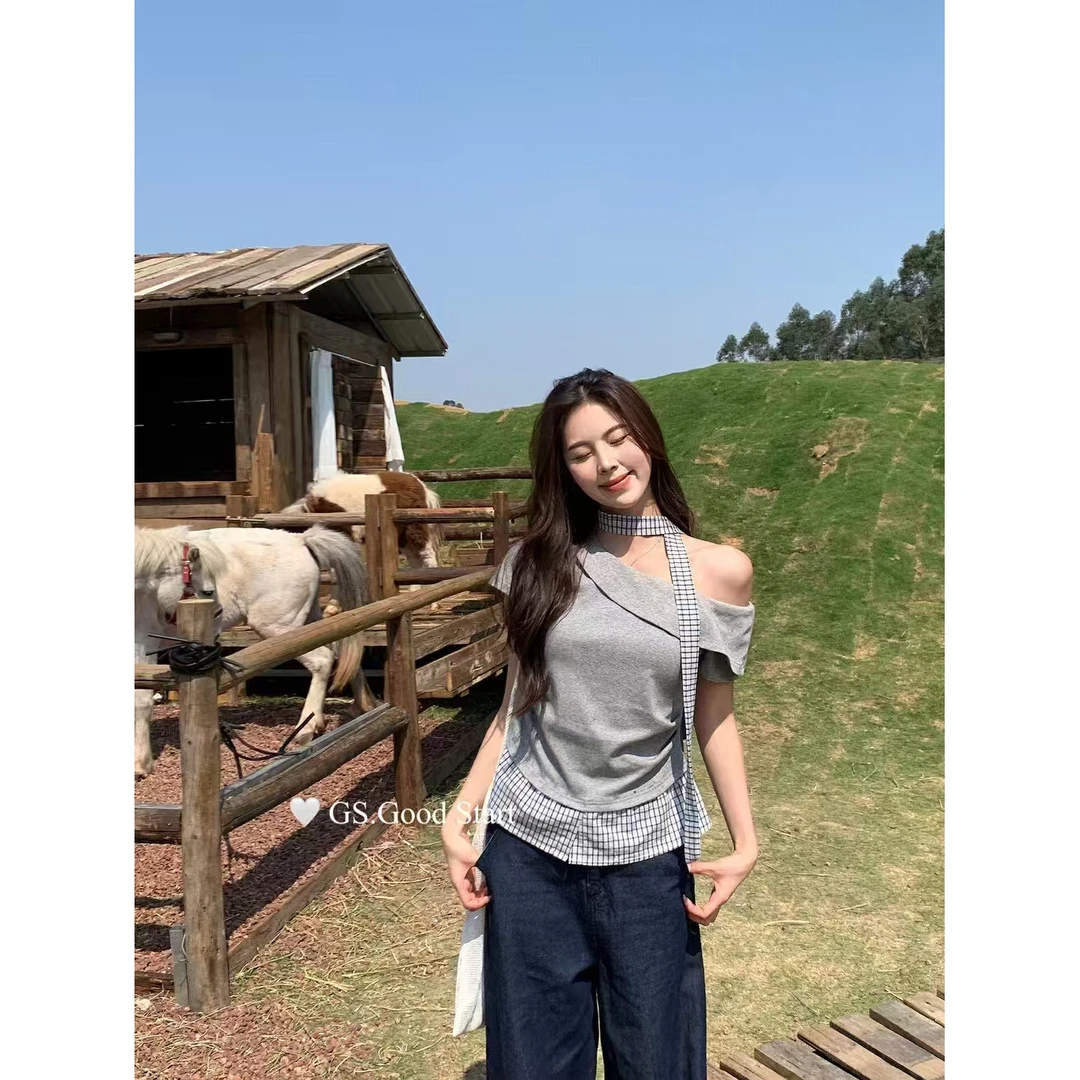 大码不规则短袖t恤女2025夏季格子别致露肩胖MM遮肉显瘦上衣-6897