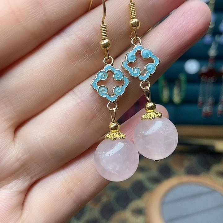 石英质玉耳钉银S925镶嵌