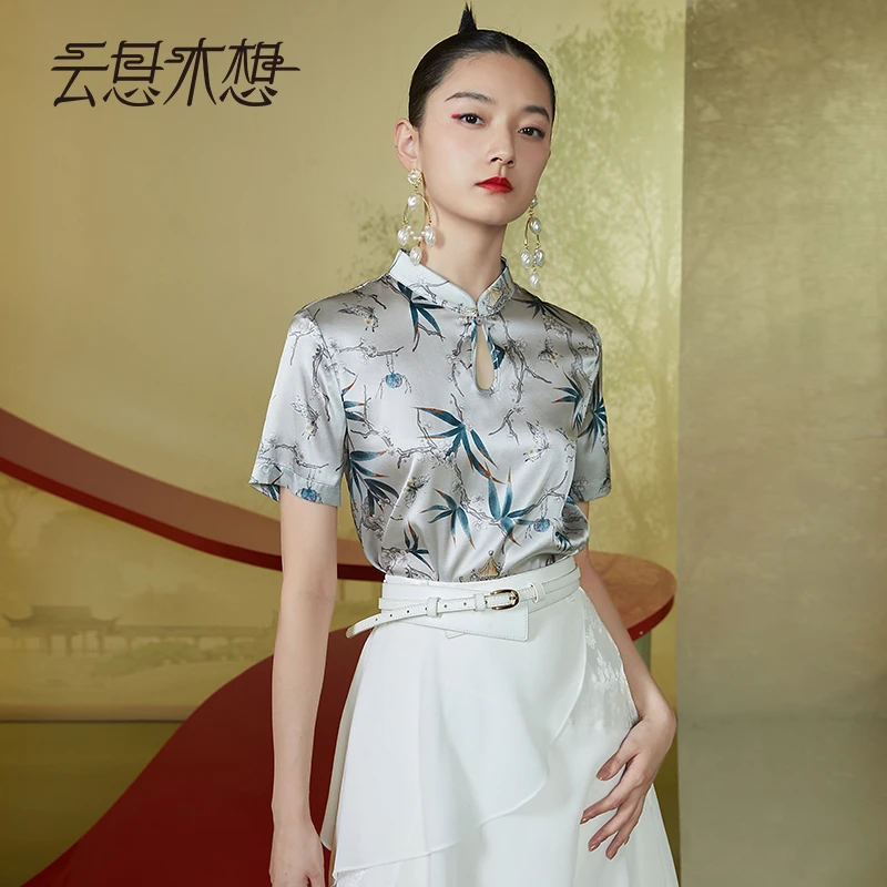 Ysimo-X云思木想新中式2024夏季新款设计感印花立领优雅衬衫11734