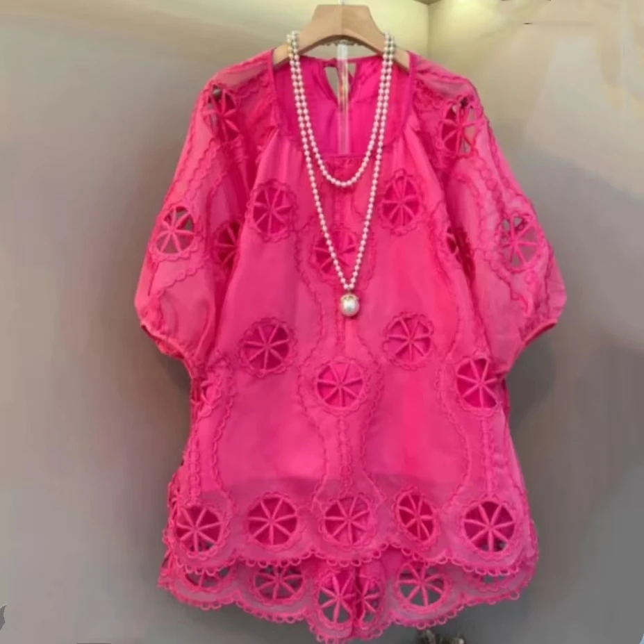 岚岚大码夏季新款韩系甜美蕾丝镂空减龄多巴胺少女心两件套6128