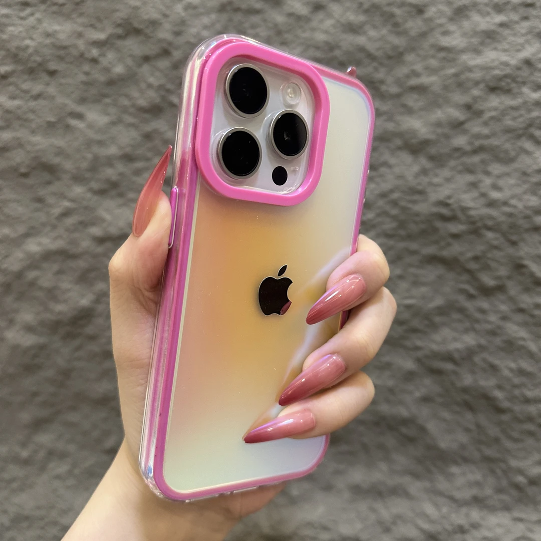 夏日渐变撞色镭射适用苹果16promax手机壳15防摔14新款13防摔12硬