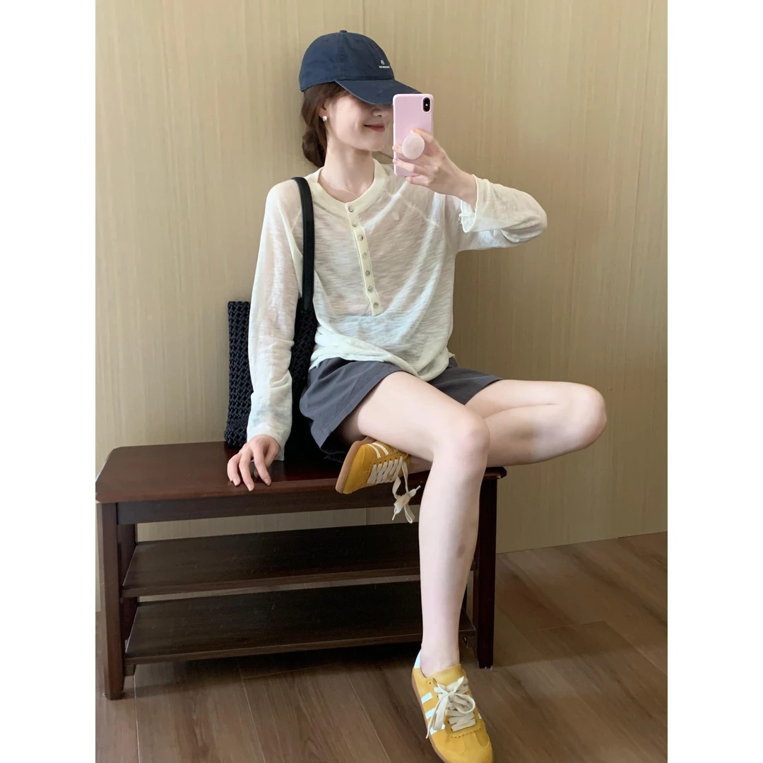 2025年高级感小众杏色t恤针织衫夏天长袖上衣防晒衫灰色裤子套装