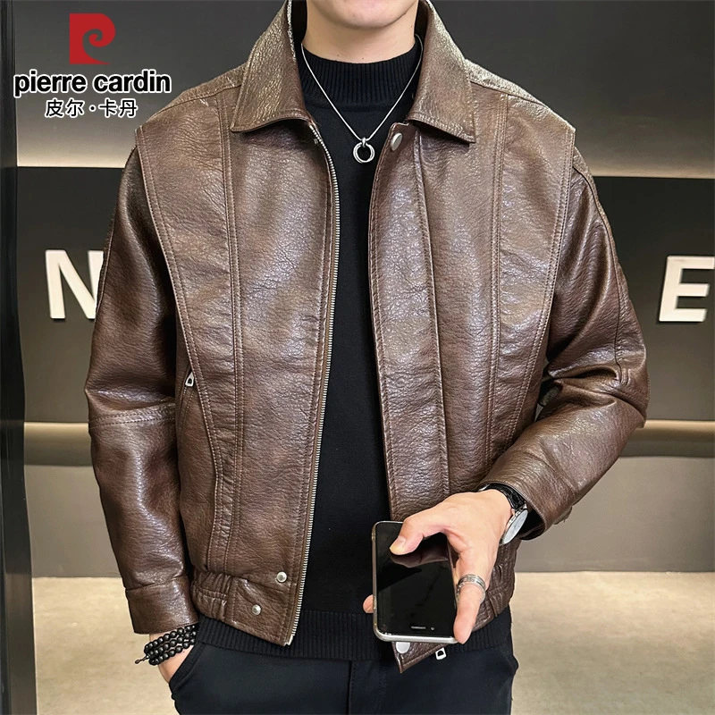 皮尔卡丹翻领痞帅皮衣春秋新款男士宽松机能防风休闲潮牌纯色外套
