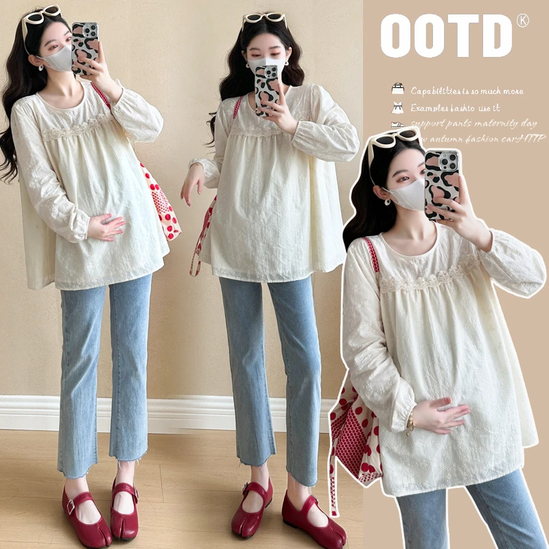 现货2025春季新款孕妇韩版刺绣花边拼接甜美减龄娃娃衫