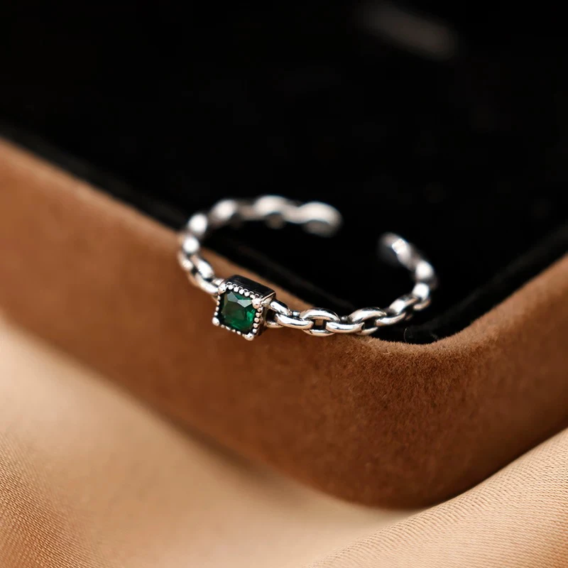 925银戒指 小绿方糖环扣串联开口指环戒指Y2165时尚百搭通勤