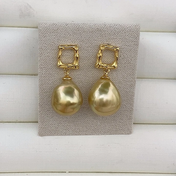 银S925镶嵌耳饰海水珍珠金珠茶金11-12mm