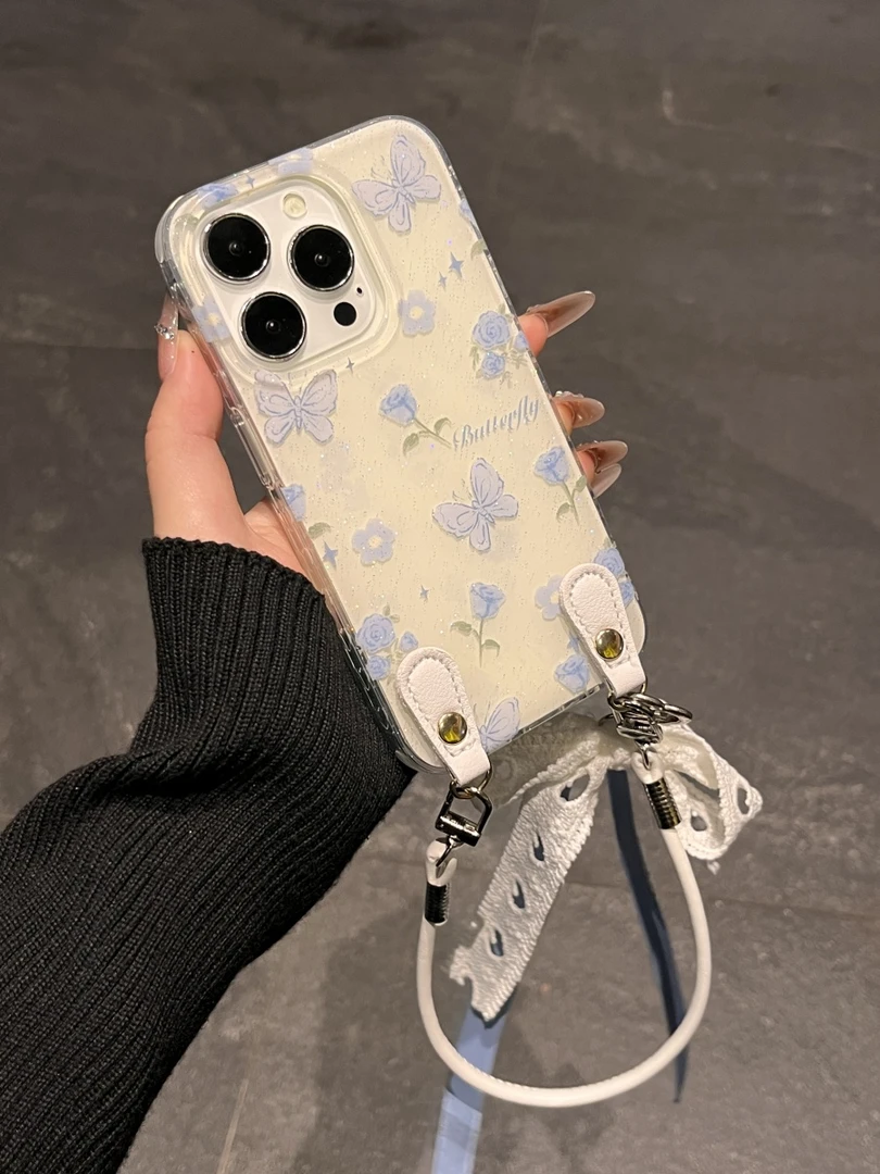 韩系ins蓝色蝴蝶花朵挂绳适用iPhone16promax苹果15手机壳14pro女