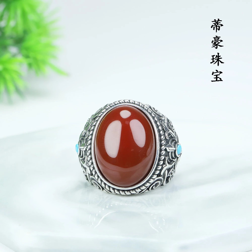 天然红玛瑙大板戒指s925银镶嵌
