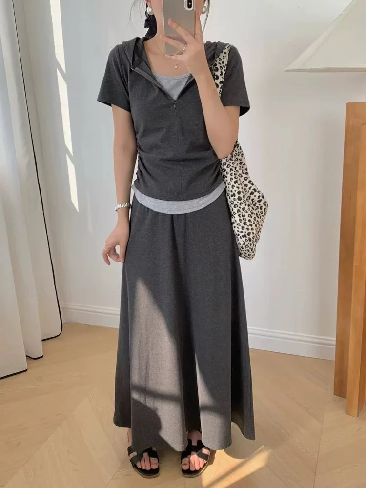 新疆包邮【6059】连帽t恤半身裙两件套-衣长47裙长81腰围64