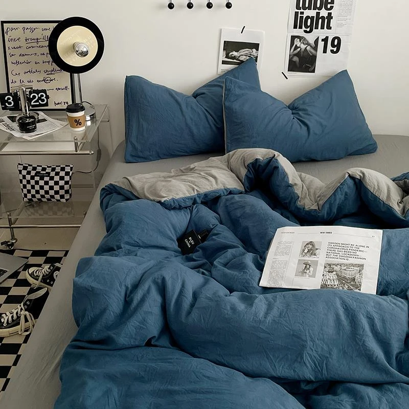 水星家纺ins纯色四件套双拼纯棉全棉磨毛被套床单床笠学生宿舍单