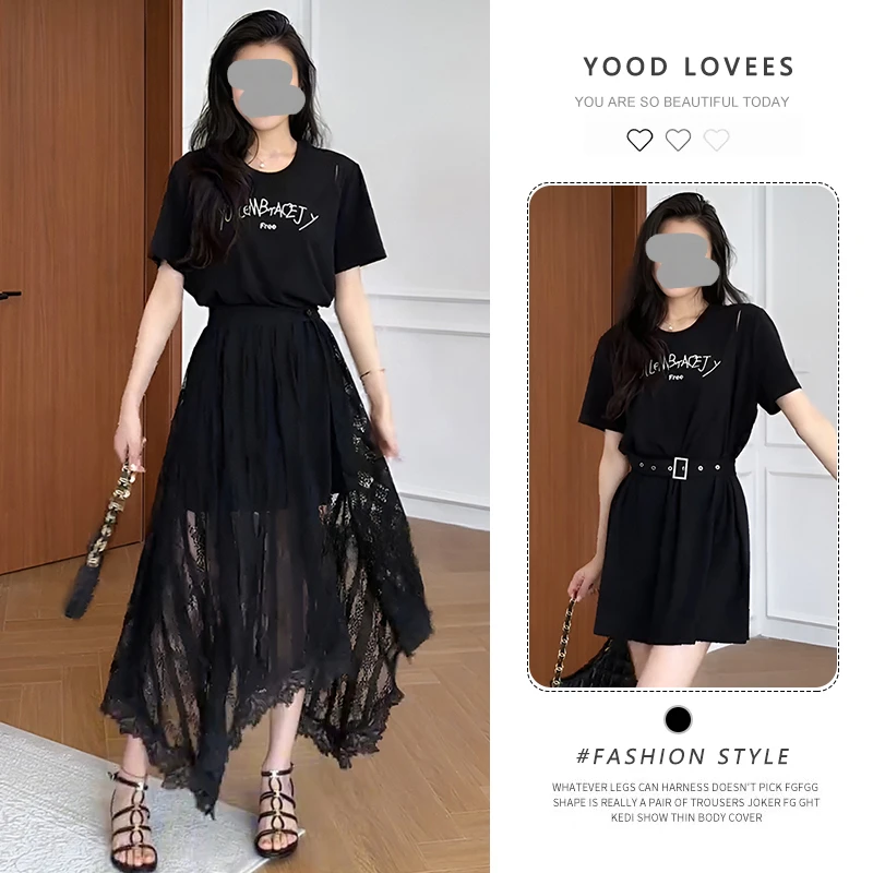 绝美蕾丝裙叠穿黑色t恤连衣裙女夏2025新款风情万种穿搭两件套装