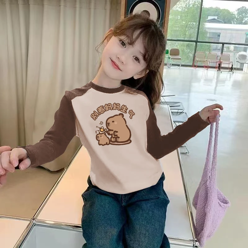 卡皮巴拉拼色长袖T恤儿童女孩纯棉圆领内搭上衣春装2025女童衣服