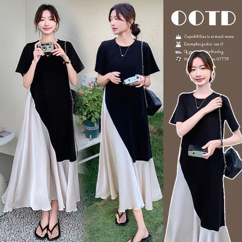 2025孕妇装夏装拼接短袖宽松大码A字孕妇连衣裙外穿时尚气质