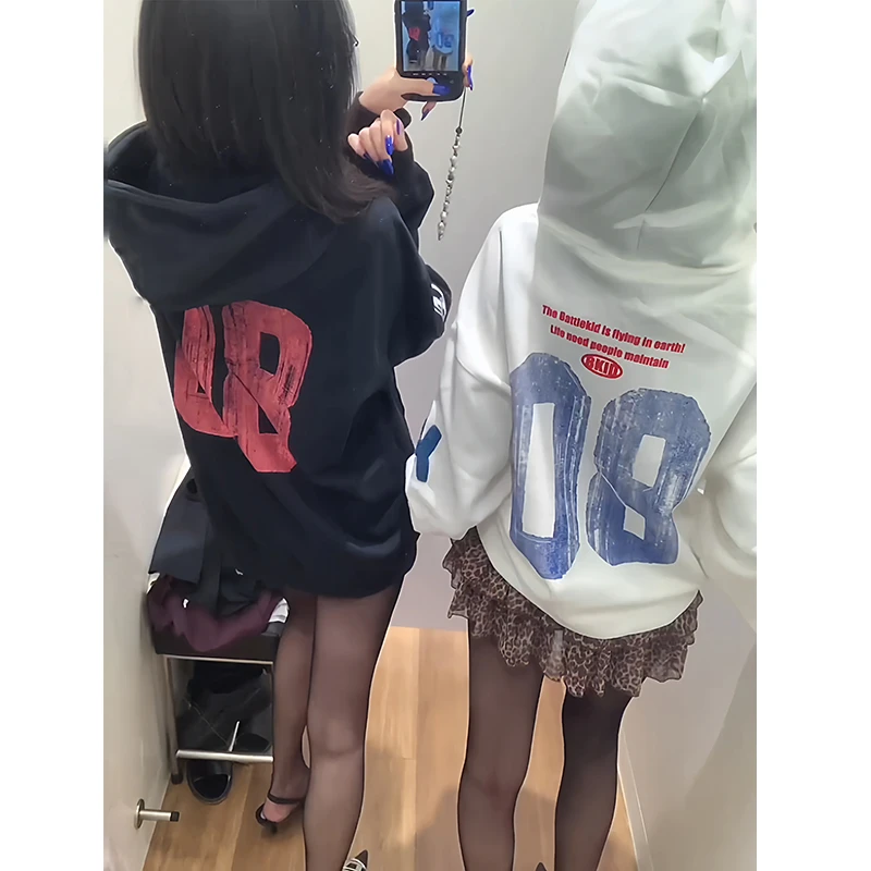 美式复古08字母刺绣重磅连帽卫衣男女款欧美高街oversize宽松外套