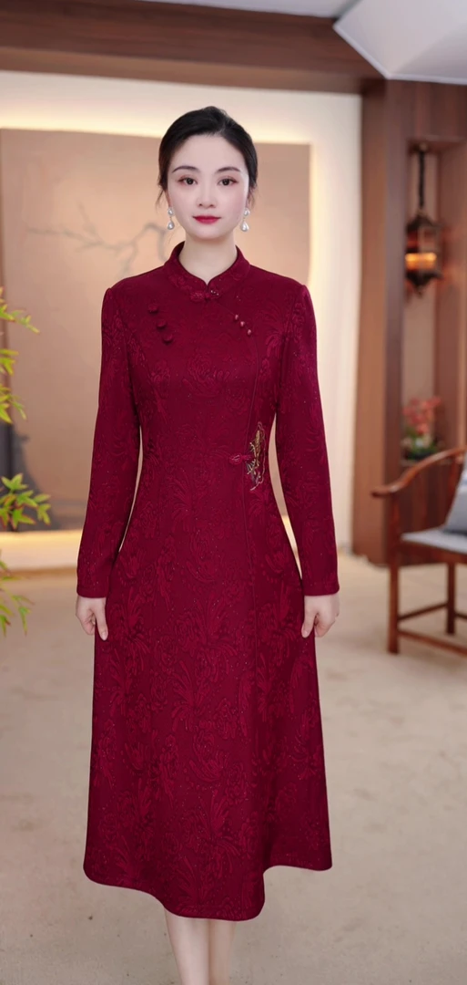 【加绒加厚】2025款秋冬季遮肉显瘦大码女装中老年气质妈妈装连衣裙