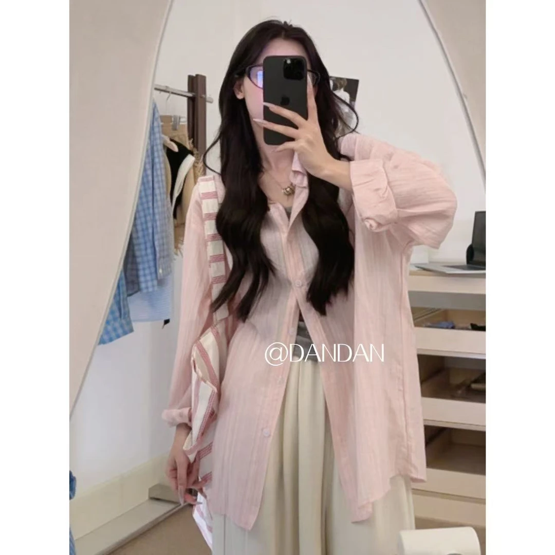 前500随机赠送头花夏日韩版别致暗条纹衬衫女小个子春夏宽松衬衫