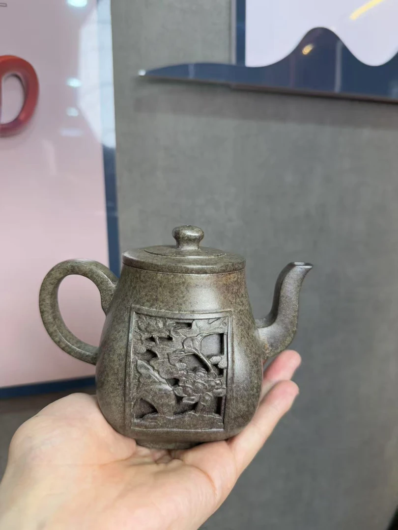宜兴市DT1314镂空荷塘清趣高四方大水潭天青泥柴烧紫砂壶