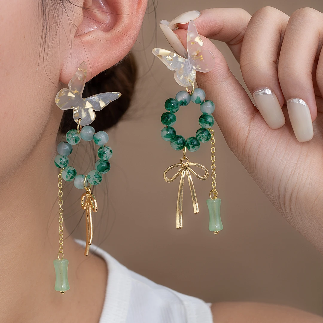 合金树脂耳饰 新中式国风墨绿串珠竹节流苏蝴蝶耳环优雅百搭古风