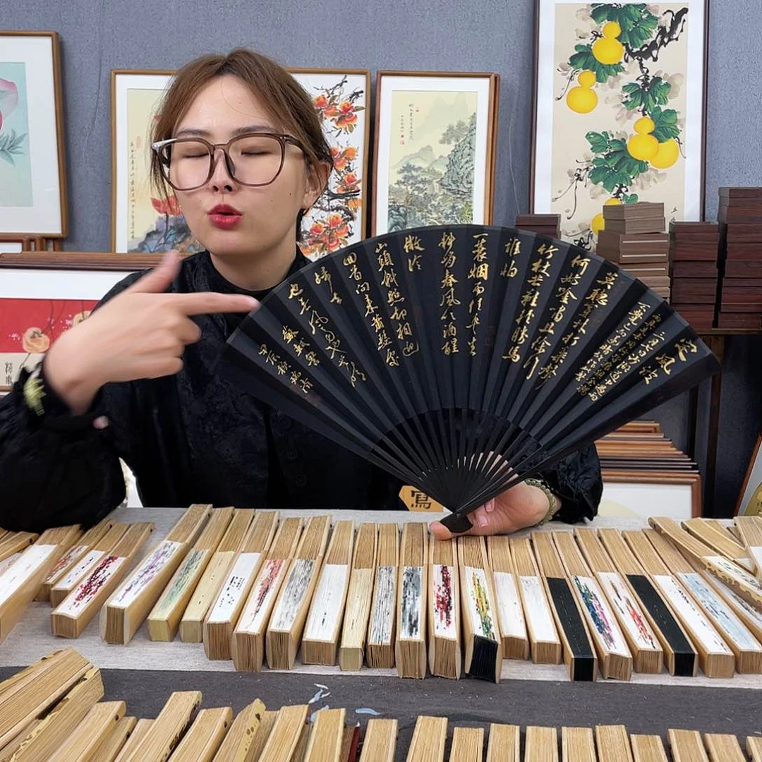 国画95寸黑檀-纯手绘-文玩扇骨（默认粘好）定风波